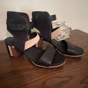 Sorel Addington Women's Leather Canvas Cuff Sandal Shoes Black/Tan NL2426 sz 11